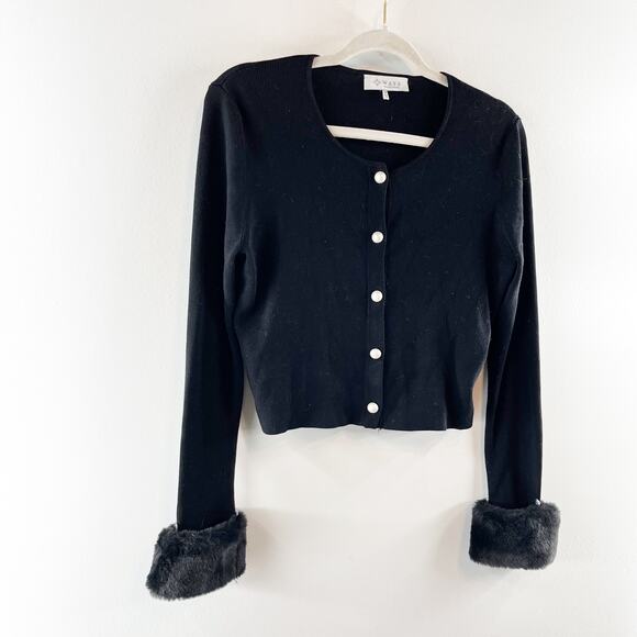 Wayf Long Sleeve Button Front Cropped Cardigan with Faux Fur Cuffs Black Medium - Picture 6 of 9